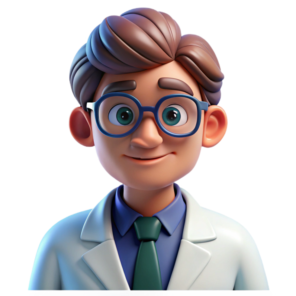 sought after bohemian Portrait of a curious scientist with glasses, a lab coat, and a thoughtful expression, lit by bright fluorescent lights, in a pop art style crisp png