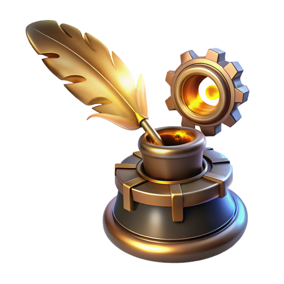 captivating standout A steampunk writing quill, made of brass and gears, dipping into a glowing inkwell, warm, inviting lighting png