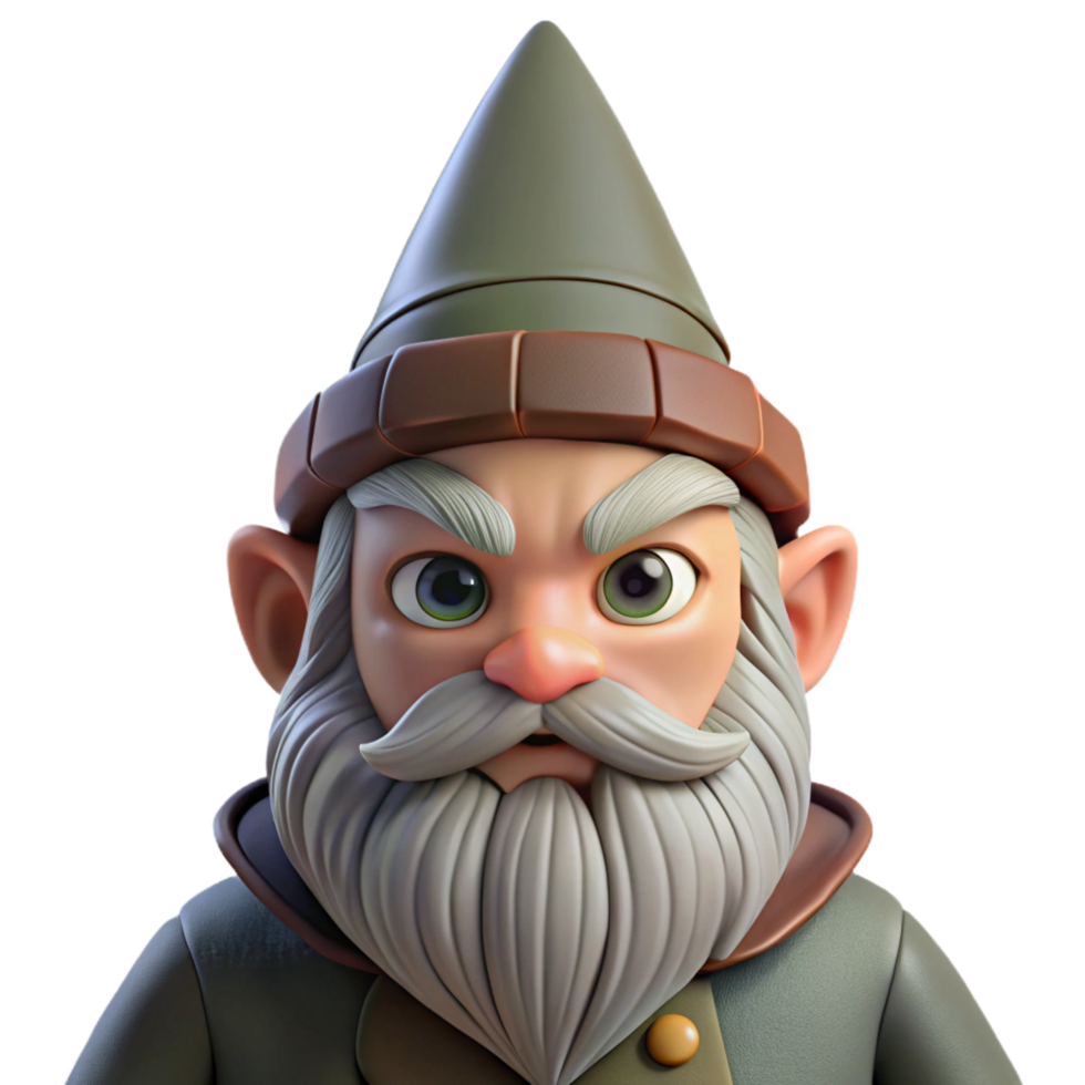 whimsical captivating Portrait of a grumpy gnome with a long beard and a pointed hat, dim forest lighting, fantasy art style elite png
