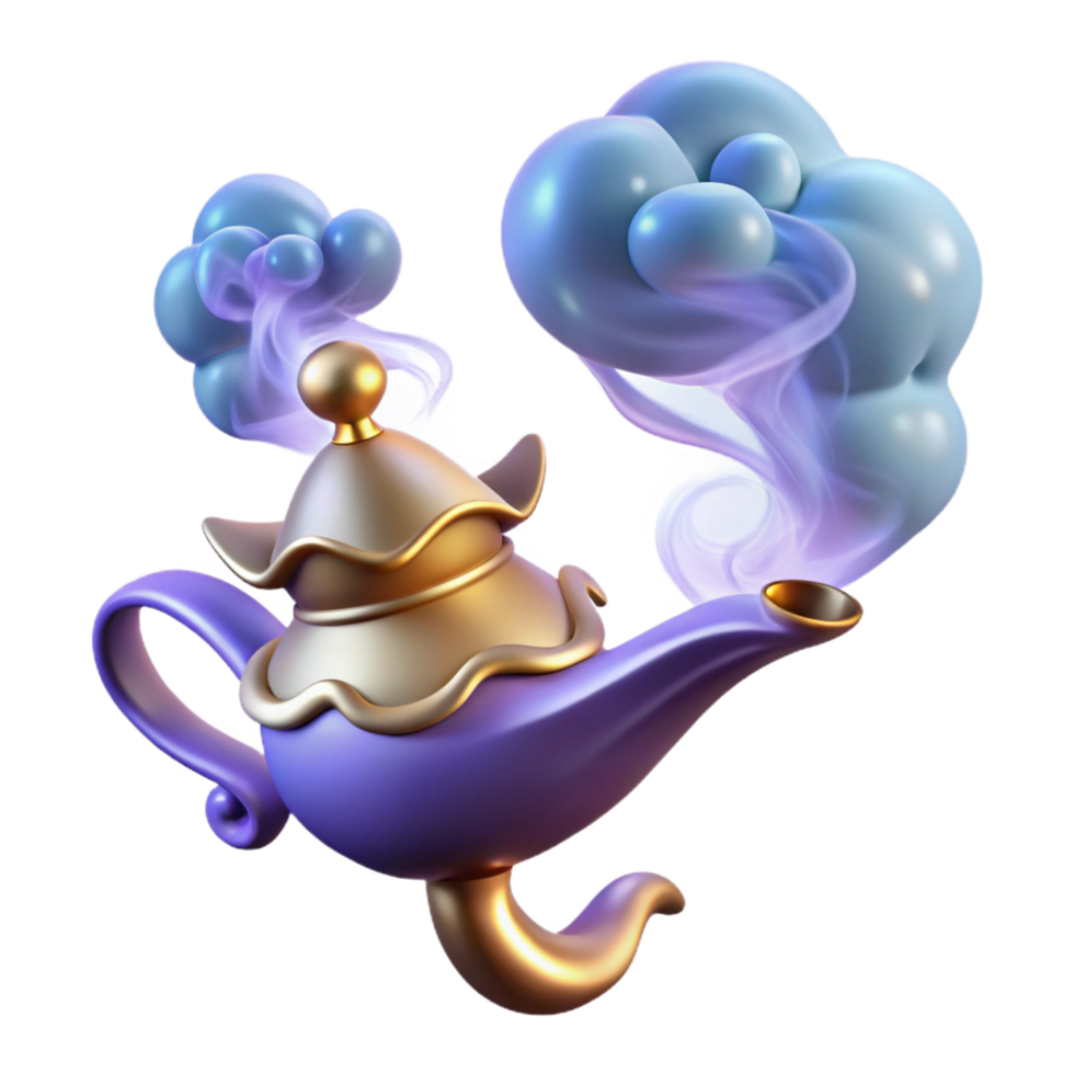 wonderful retro A djinn emerging from a magic lamp, swirling smoke and ethereal light, Arabian mythology art style handcrafted png