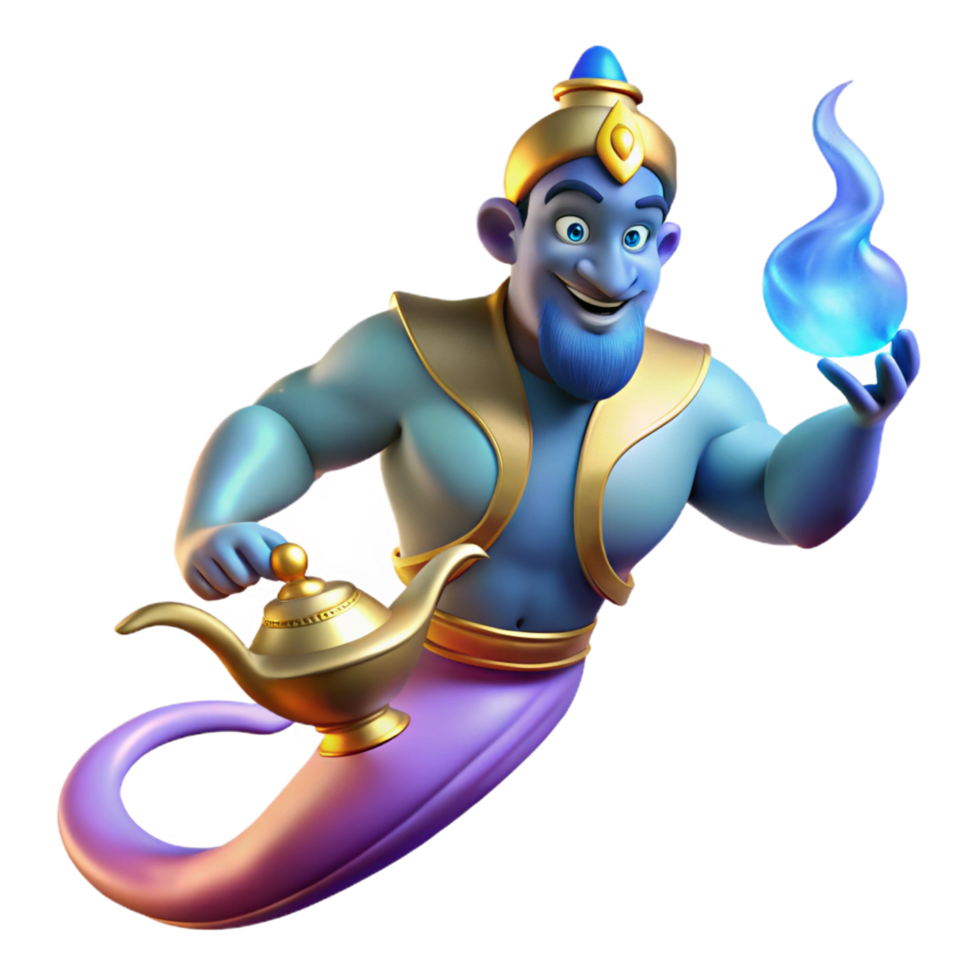 gorgeous impressionist Portrait of a powerful genie emerging from a lamp, magical lighting, fantasy art style authentic png