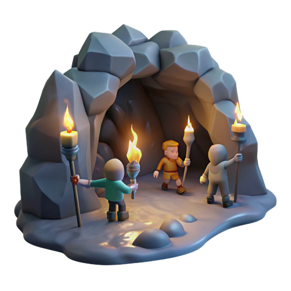 acclaimed modern A group of adventurers exploring a dark and mysterious cave, flickering torchlight, adventurous and gritty style premium png
