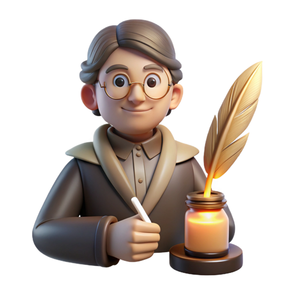 inspired gothic Portrait of a thoughtful writer with a quill, warm lamplight, vintage style handcrafted png