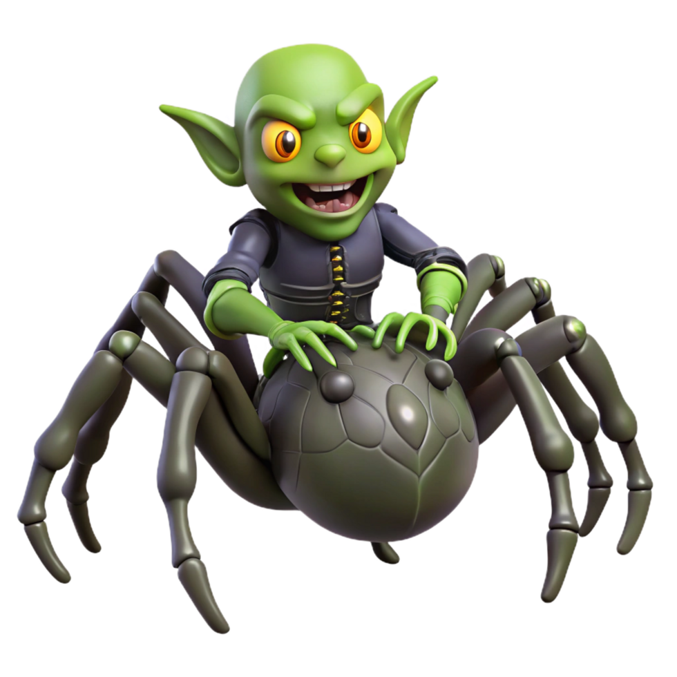 distinctive bohemian A mischievous, goblin riding a giant spider, dimly lit forest, dark fantasy style 4K png