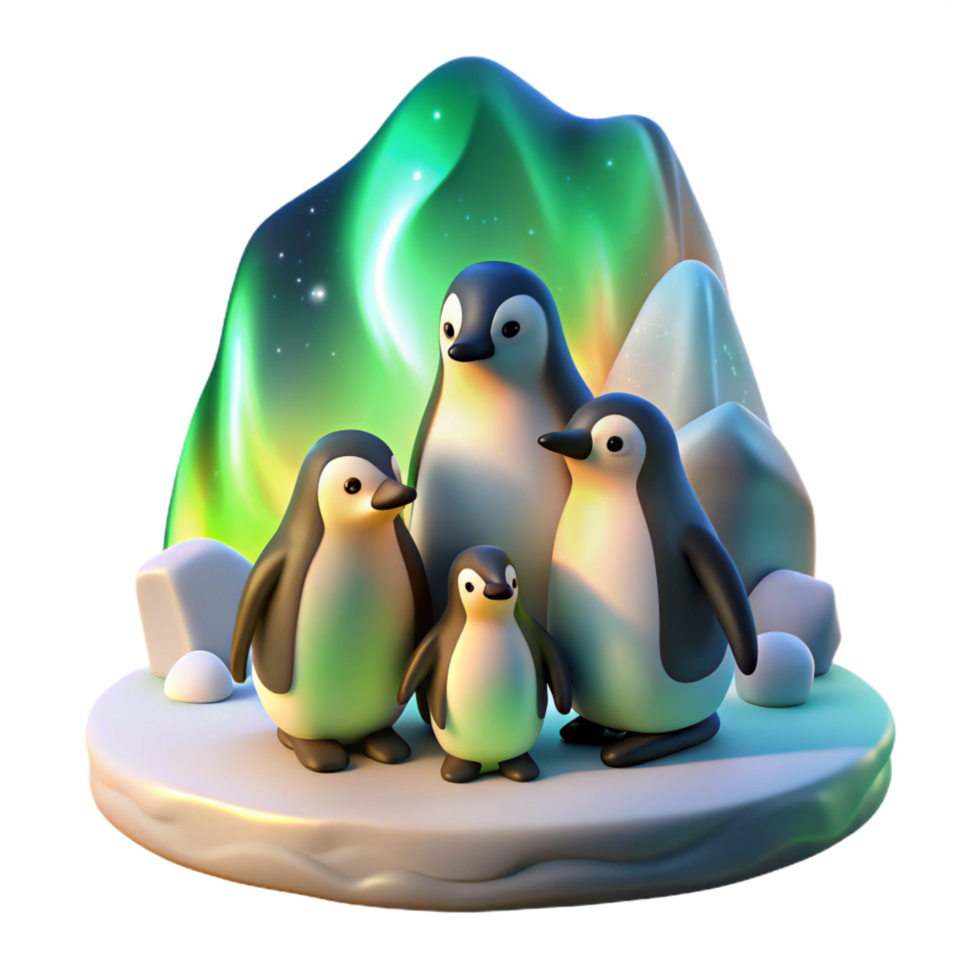 wonderful unparalleled A family of penguins huddled together on an icy landscape, illuminated by the soft glow of the aurora borealis, rendered in a realistic style png
