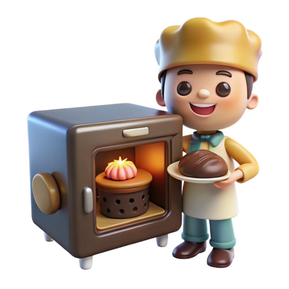dramatic quintessential A mischievous brownie baking a cake in a tiny oven, warm lighting, cozy and whimsical, children s book illustration style png