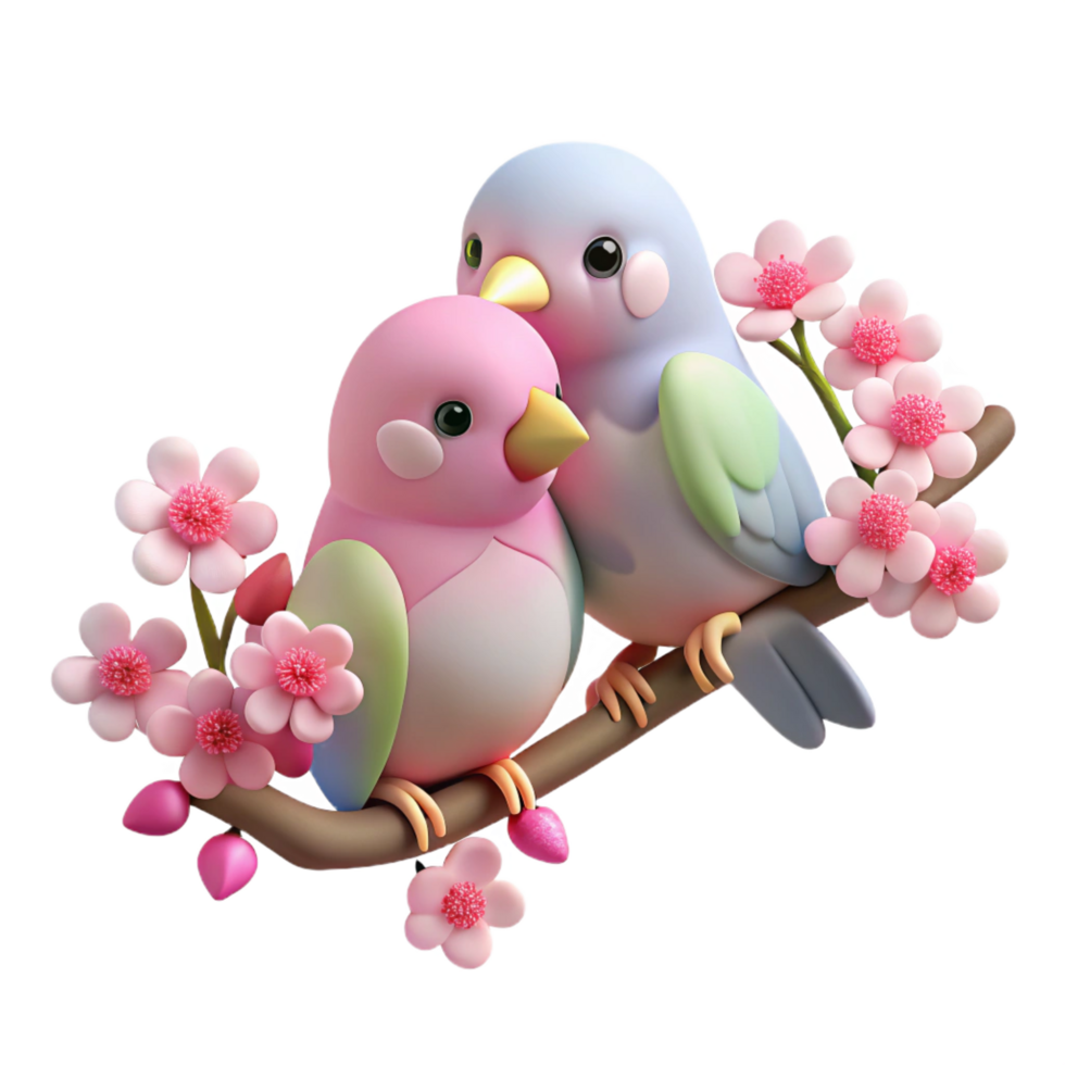 exquisite harmonious creative A pair of lovebirds perched on a blossoming cherry tree branch, soft pastel colors and bokeh effect, romantic illustration style exclusive png