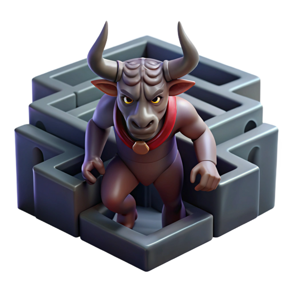 picturesque industrial The Minotaur trapped within the labyrinth, shadows stretching, dark fantasy style, dimly lit, claustrophobic, expertly shot png