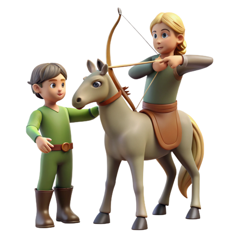 vibrant unforgettable A wise centaur teaching a young boy archery in a forest clearing, soft, dappled light, Renaissance style, png