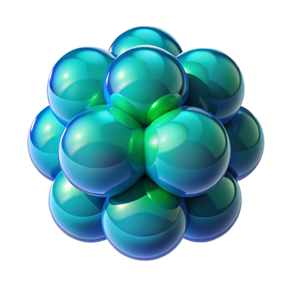 memorable organic Interlocking, translucent orbs of varying sizes, in a gradient from emerald green to sapphire blue, lit by a single, focused spotlight, in a minimalist style professional png