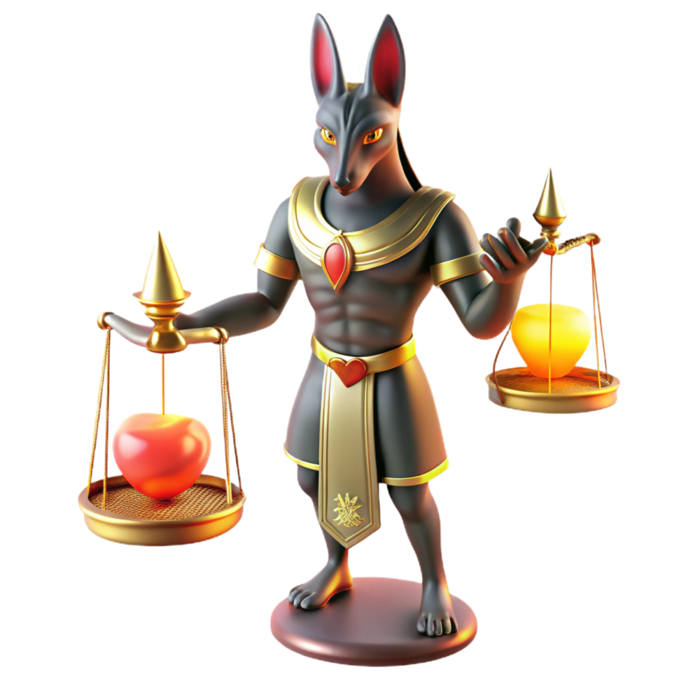 sumptuous bold retro Anubis, the jackal headed god, weighing a human heart against a feather on golden scales, illuminated by the flickering flames of torches. Ancient Egyptian murals style sharp png