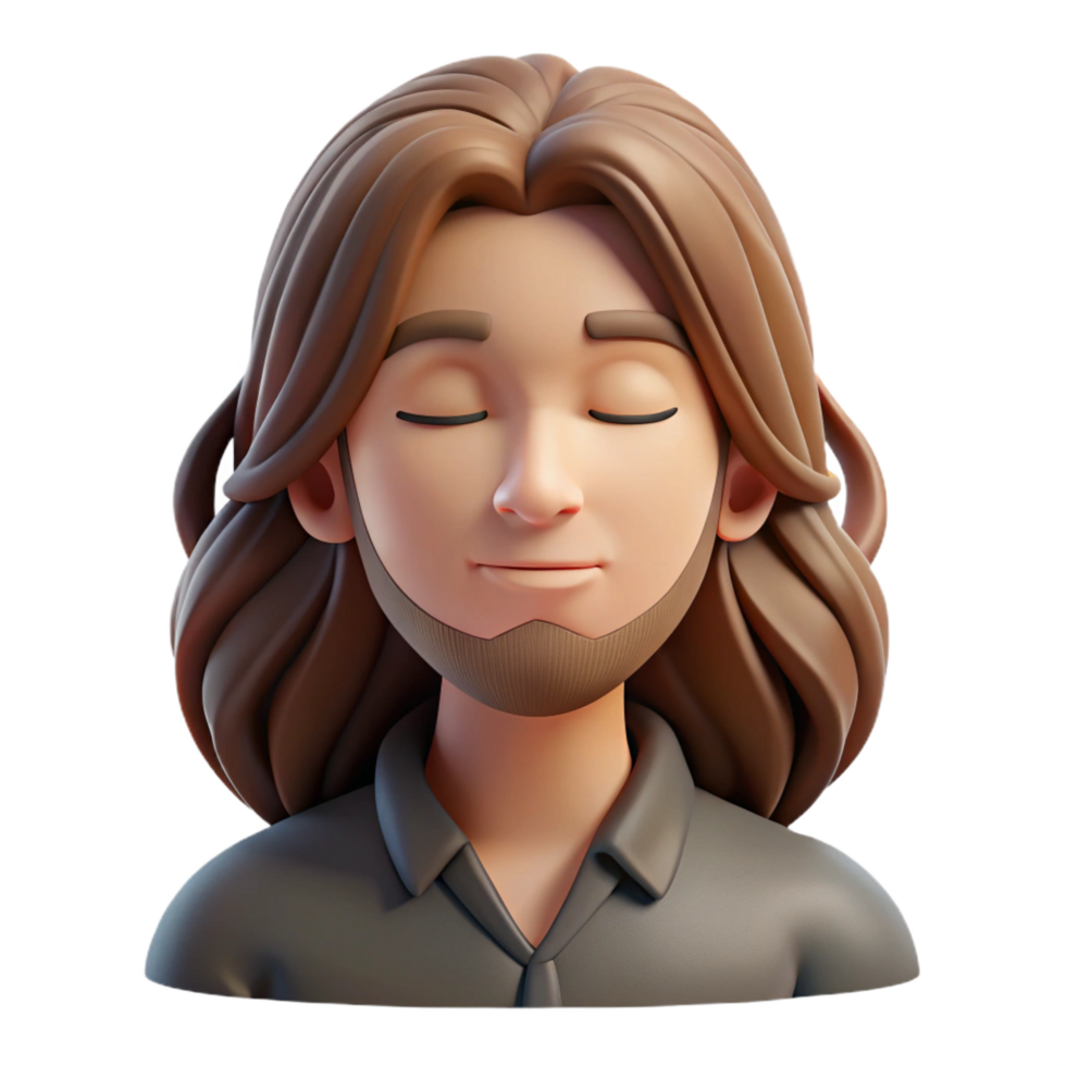 striking celebrated Portrait of a melancholic musician with long, flowing brown hair, closed eyes, and a serene expression, lit by a single spotlight, in a dreamlike, ethereal style png