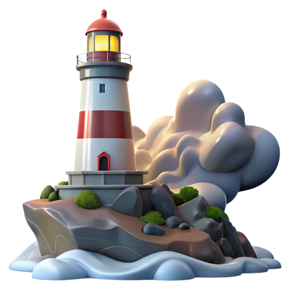 serene reflective impressionist A towering lighthouse on a rocky coast, crashing waves, dramatic storm clouds, flashing light masterfully captured png
