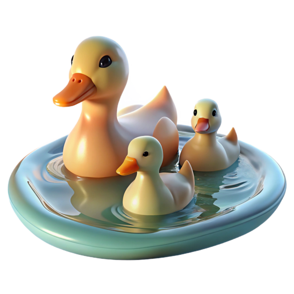 dramatic fascinating A family of ducks swimming in a tranquil pond, ripples spreading across the water s surface, illuminated by soft, diffused light. Impressionistic style, pastel colors 4K png