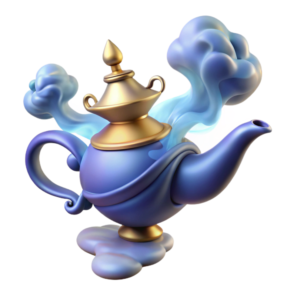 exquisite remarkable A powerful djinn emerging from a magic lamp, swirling smoke and light, Arabian Nights style png