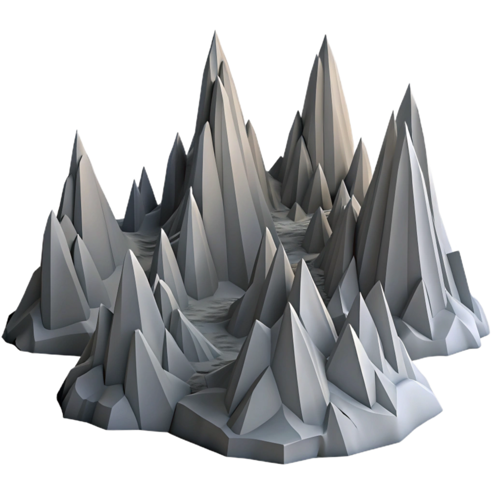 ethereal spectacular A fractal landscape of jagged peaks and valleys, rendered in shades of grey, with a dramatic chiaroscuro lighting setup handcrafted png