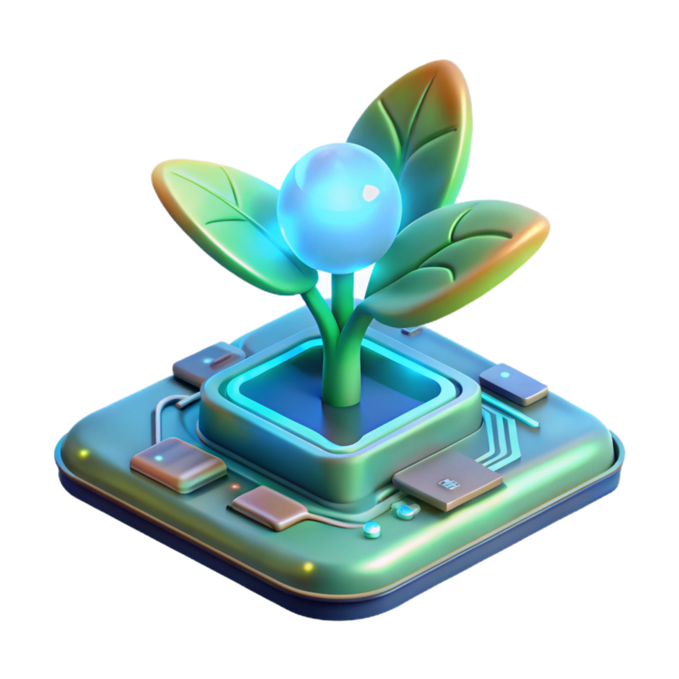 calm immaculate A bioluminescent plant growing on a circuit board, emitting a soft, ethereal glow, in a surreal, biopunk style flawless png