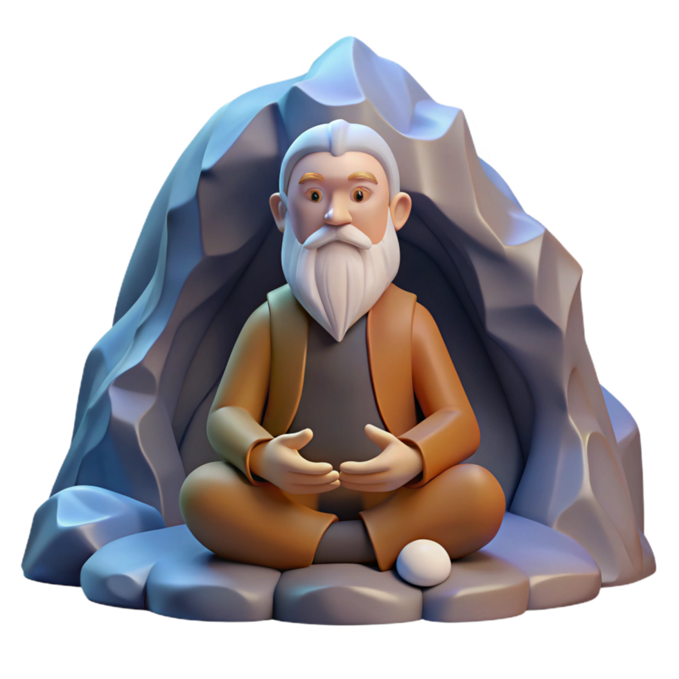 quintessential rustic A wise old hermit meditating in a mountain cave, soft light, serene and contemplative, fantasy art genuine png