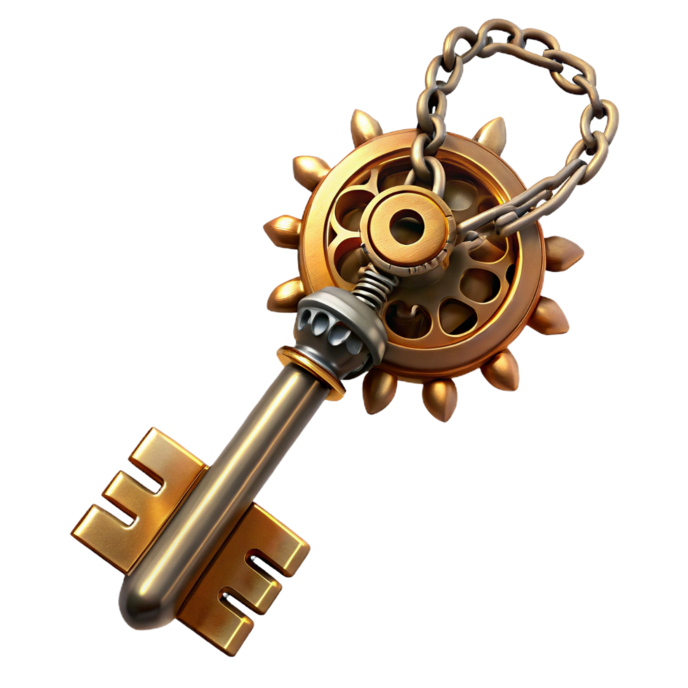 captivating dramatic surreal A steampunk key, intricately designed with gears and symbols, hanging from a chain. Dramatic, backlighting. Steampunk style artisan png