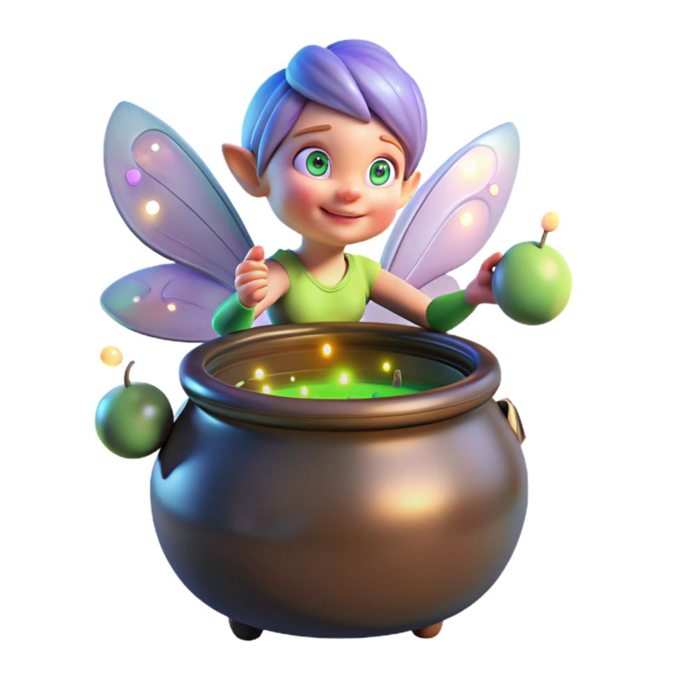 wonderful acclaimed A mischievous pixie with iridescent wings hovering over a bubbling cauldron, surrounded by fireflies, whimsical illustration png