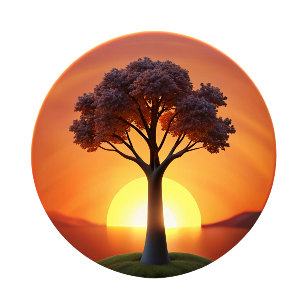 passionate captivating A lone tree silhouetted against a fiery sunset, dramatic lighting, stark contrast, minimalist style high quality png