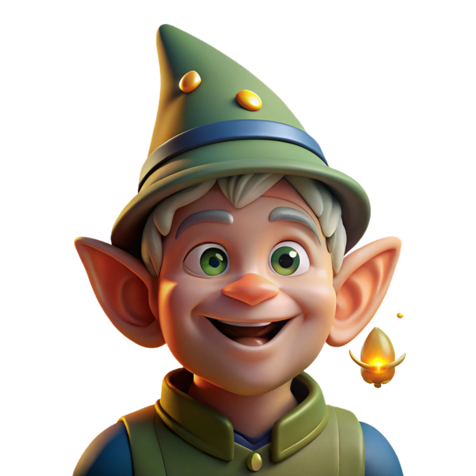 dazzling joyful baroque Portrait of a whimsical gnome with a pointed hat and mischievous grin, illuminated by the flickering light of a firefly luxury png