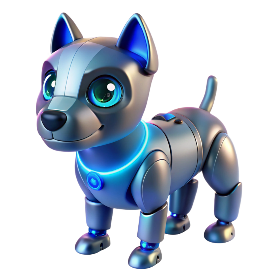 extraordinary tropical A robotic dog with glowing blue eyes, illuminated by a soft, ambient light, futuristic pet style fine detail png