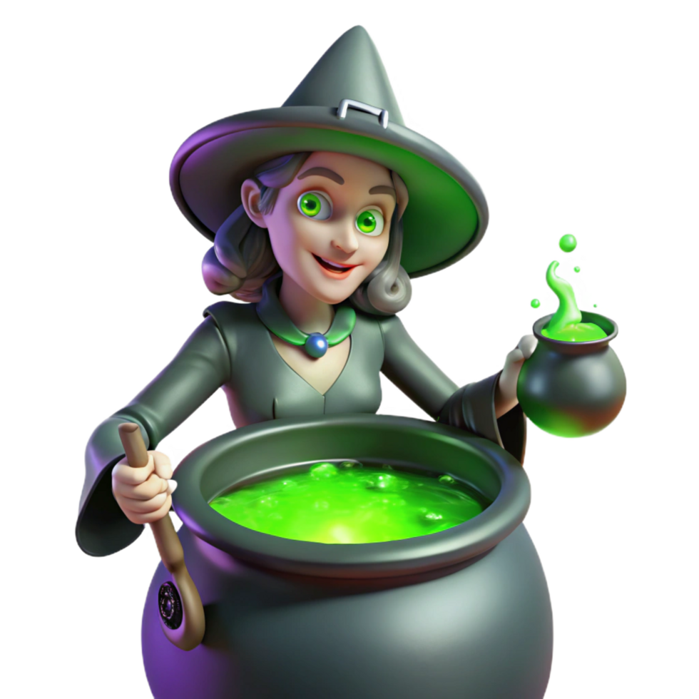 celebrated victorian A mysterious witch brewing a potion in her cauldron, green glowing light, dark fantasy art style museum quality png