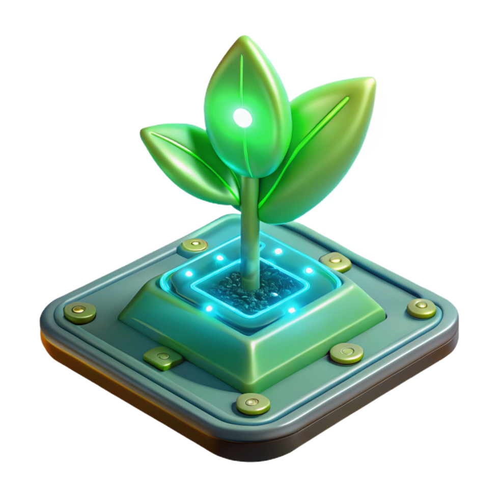 wonderful retro A bioluminescent plant growing out of a circuit board, illuminated by its own soft, green light, biopunk style expertly shot png
