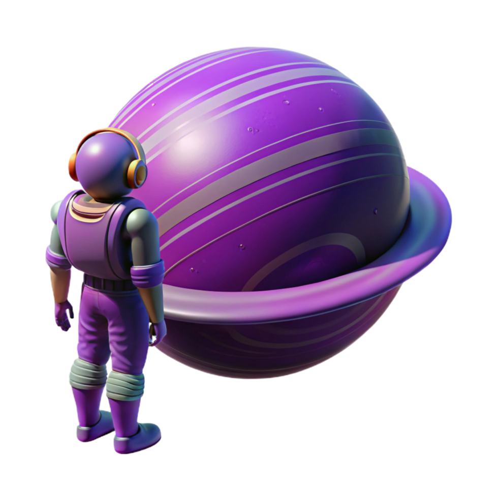 playful immaculate A lone astronaut, stranded on a desolate, purple hued planet, gazing at a colossal, ringed gas giant in the sky, cinematic lighting, hyperrealistic style refined png