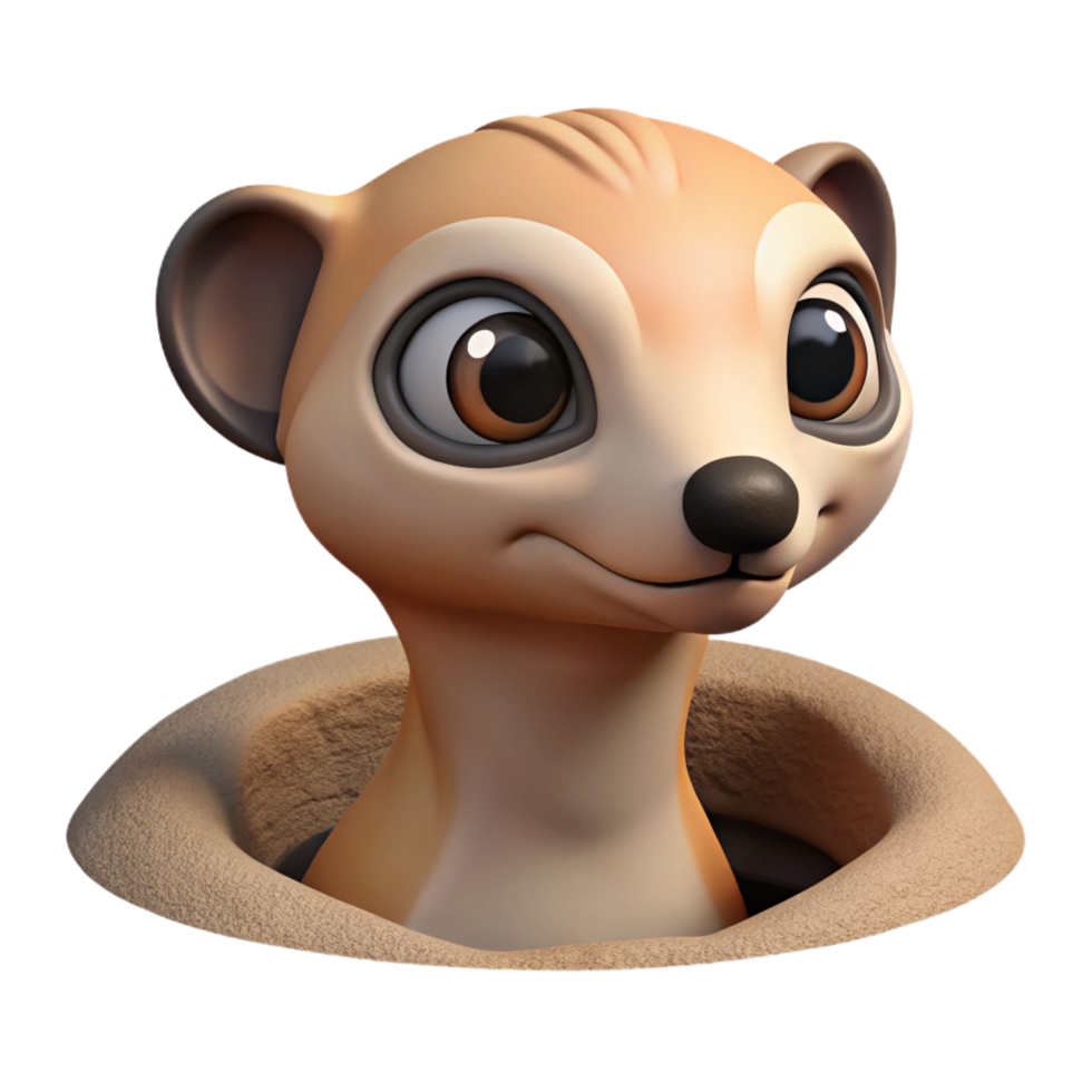 wonderful dramatic coastal A curious meerkat peering out from its burrow, desert landscape, Pixar animation style artisan png