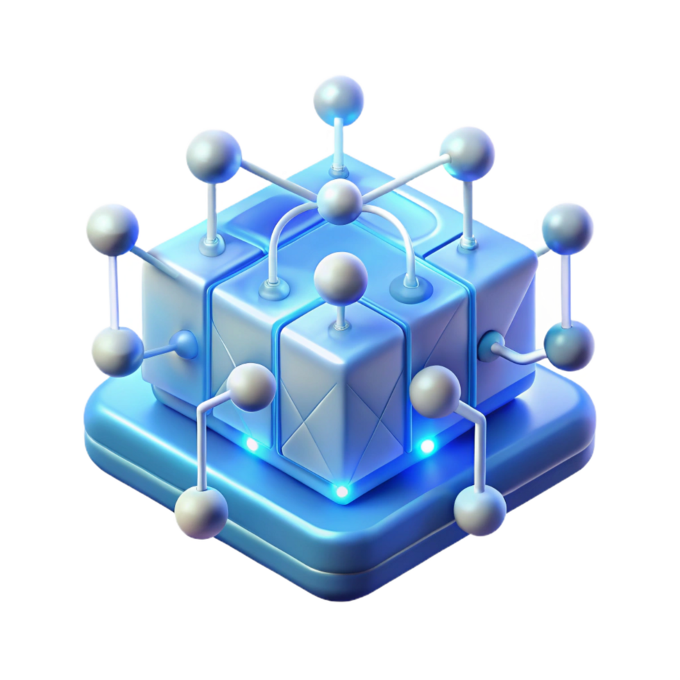 glorious joyful geometric A quantum computer processing complex algorithms, represented by glowing lines and nodes, bathed in soft blue light, in an abstract, minimalist style high quality png