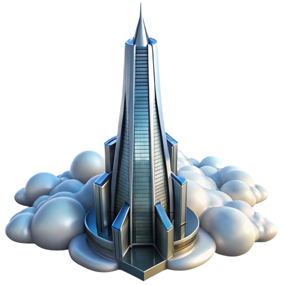 standout industrial A futuristic skyscraper piercing the clouds, sleek metallic design, bright sunlight, high angle perspective, sense of height and ambition 8K png