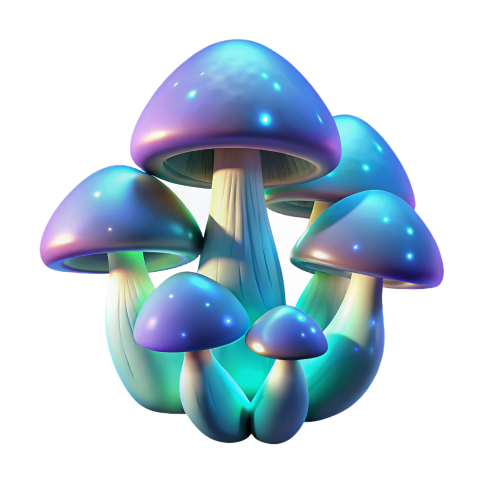 fascinating romantic organic A cluster of glowing bioluminescent mushrooms in a dark forest, ethereal and dreamlike style premium png
