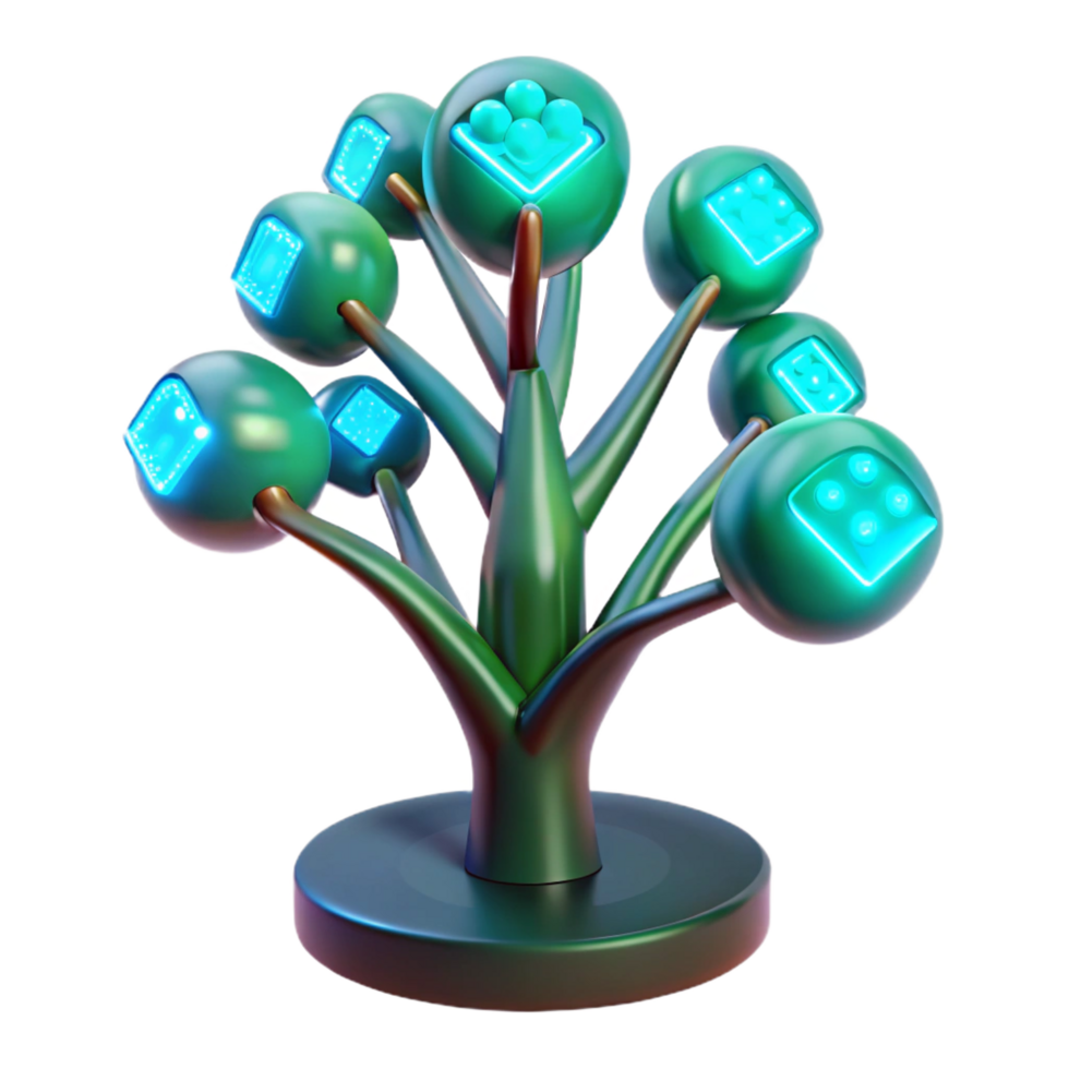 serene nostalgic impressionist A bioluminescent tree with digital leaves displaying coded information, soft green lighting, fantasy style 8K png