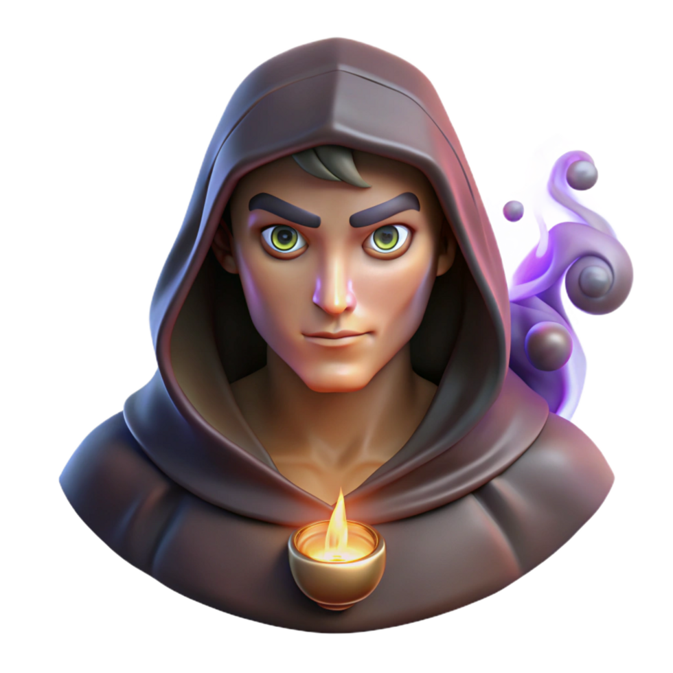 whimsical sumptuous Portrait of a mysterious fortune teller with a hooded cloak, piercing eyes, and a cryptic expression, lit by candlelight and swirling smoke, in a mystical style perfect clarity png