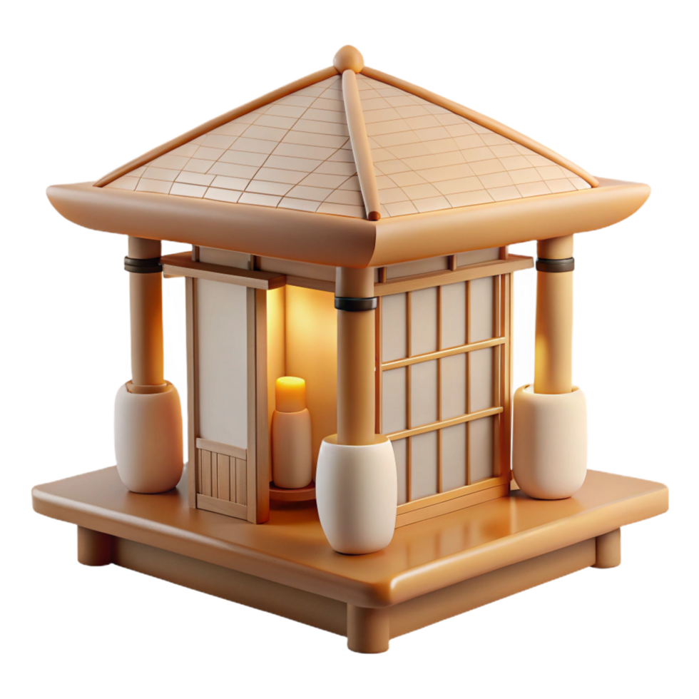 peaceful radiant A minimalist Japanese tea house made of bamboo and rice paper, soft diffused light, zen style precision png