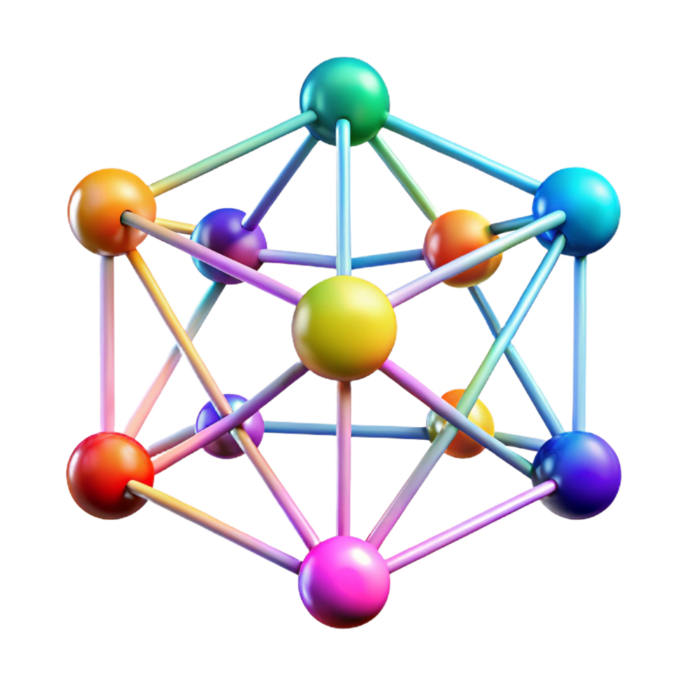 dazzling geometric A network of interconnected nodes, pulsating with energy, forming a complex web, illuminated by a spectrum of vibrant colors, rendered in an abstract, data visualization style sharp png