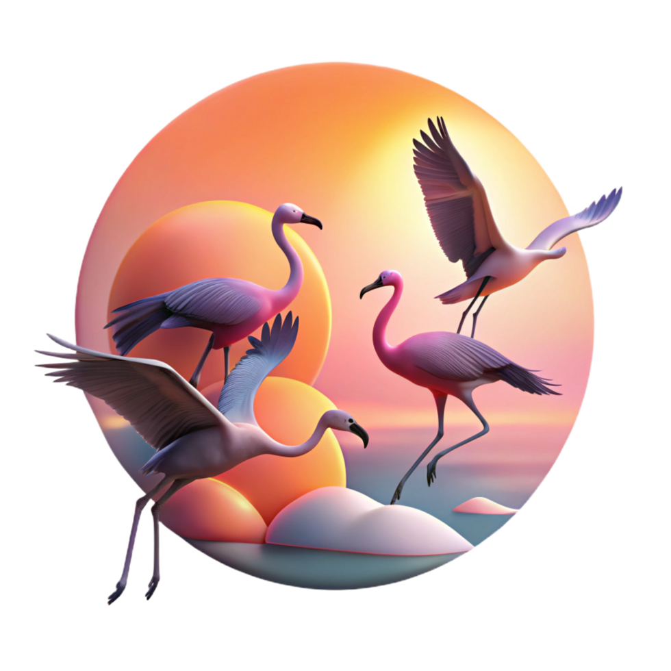 dramatic tropical A flock of flamingos taking flight against a vibrant sunset, silhouette effect, dramatic backlighting, minimalist art style studio quality png