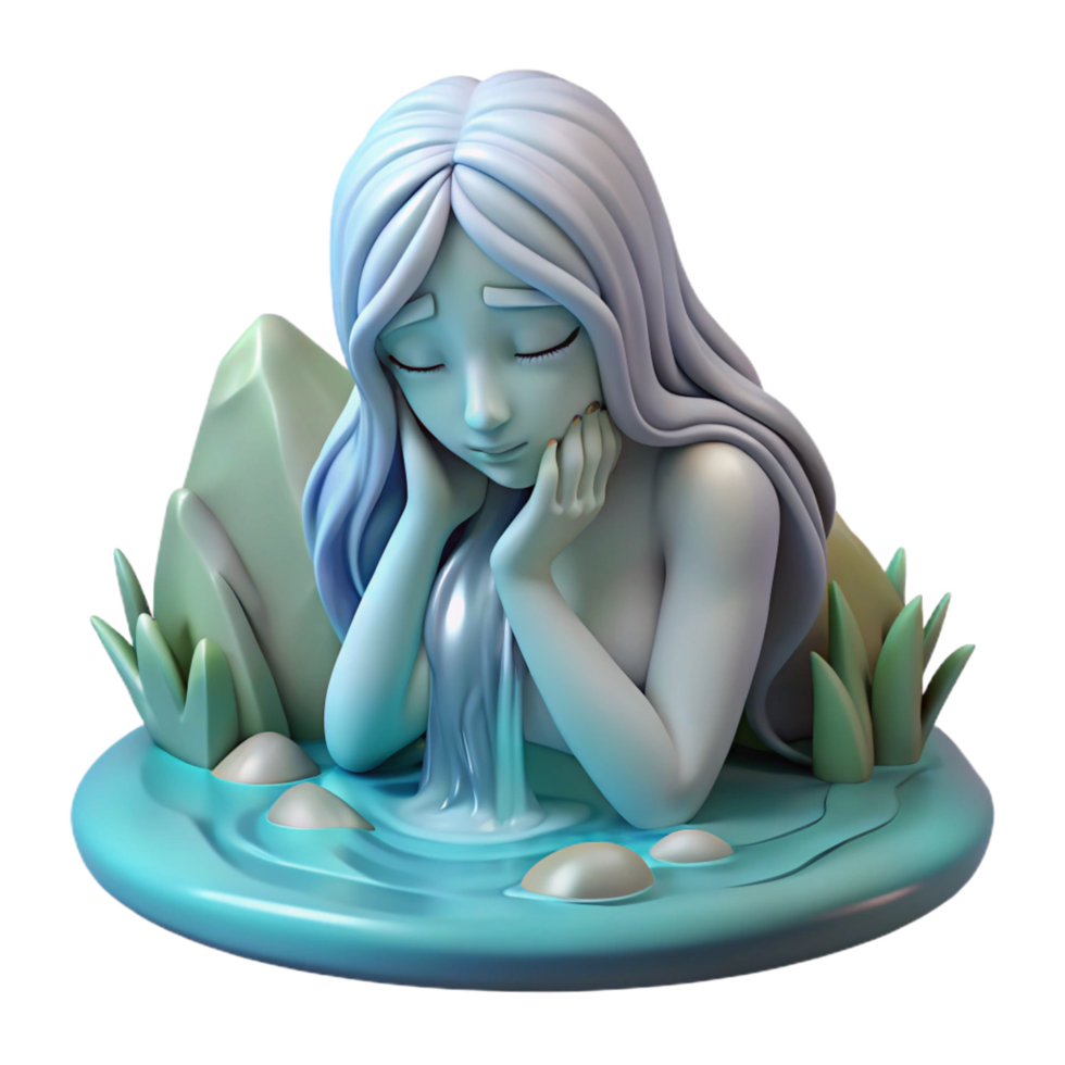 nostalgic alluring A melancholic water nymph weeping by a crystal clear stream, soft, ethereal lighting, fantasy art professional png