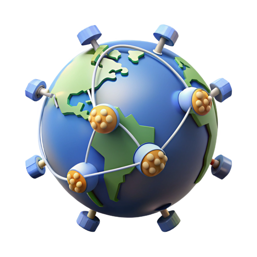 magnificent playful renaissance A network of interconnected satellites orbiting Earth, communication lines visible between them, infographic style original png