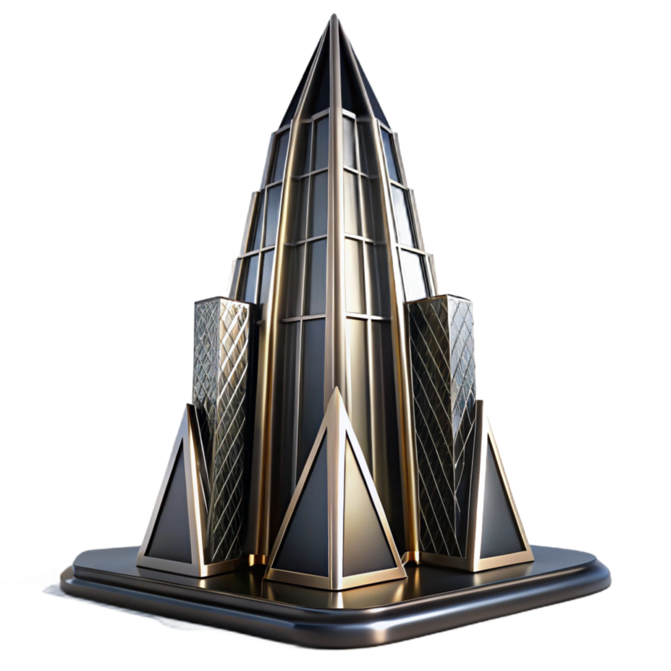 joyful hypnotic Art Deco skyscraper, sleek chrome and black glass, sharp geometric patterns, dramatic uplighting in a rainy cityscape at night high resolution png