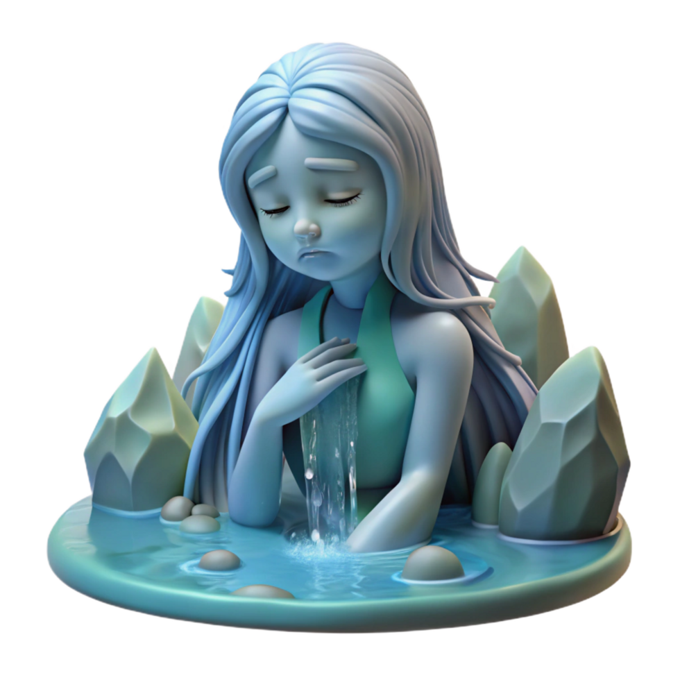 elegant rustic A melancholic water nymph weeping by a crystal clear stream, soft, ethereal lighting, fantasy art authentic png
