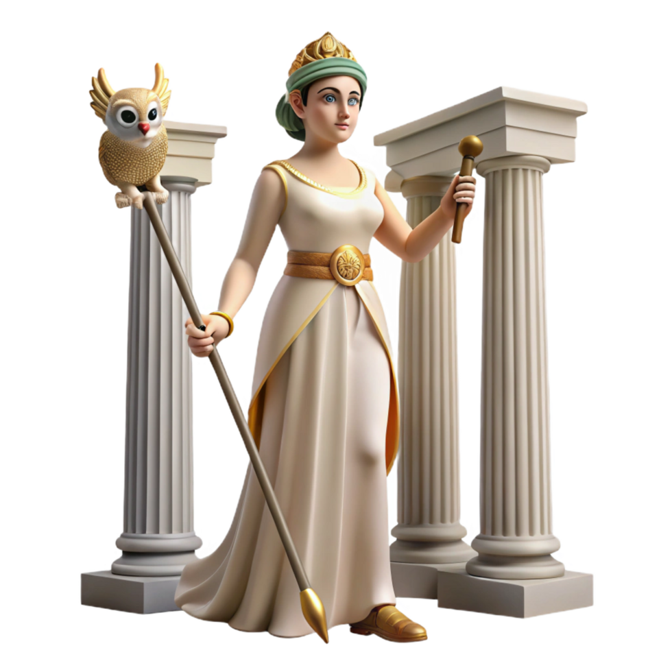 beautiful exemplary A wise Athena standing in a temple, holding her owl and spear, serene and contemplative, classical Greek style, png