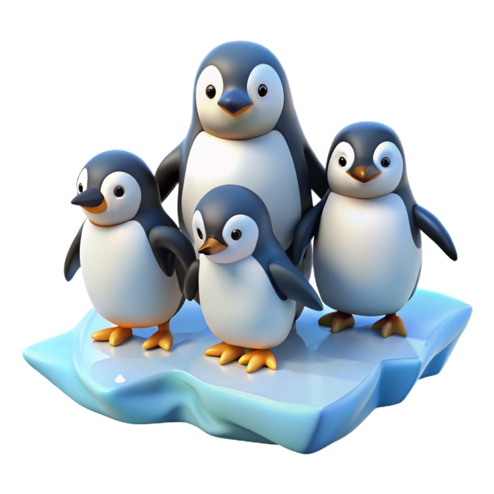 celebrated surreal A group of penguins waddling across the ice, bright, cold lighting, depicted in a humorous, cartoonish style flawless png