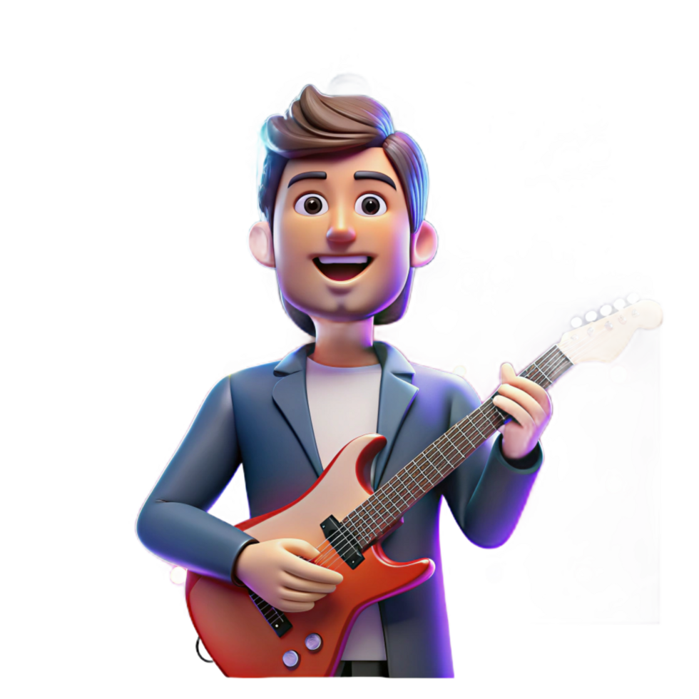 calm majestic Portrait of a charismatic rockstar with a guitar, bathed in the bright lights of a concert stage, pop art style refined png