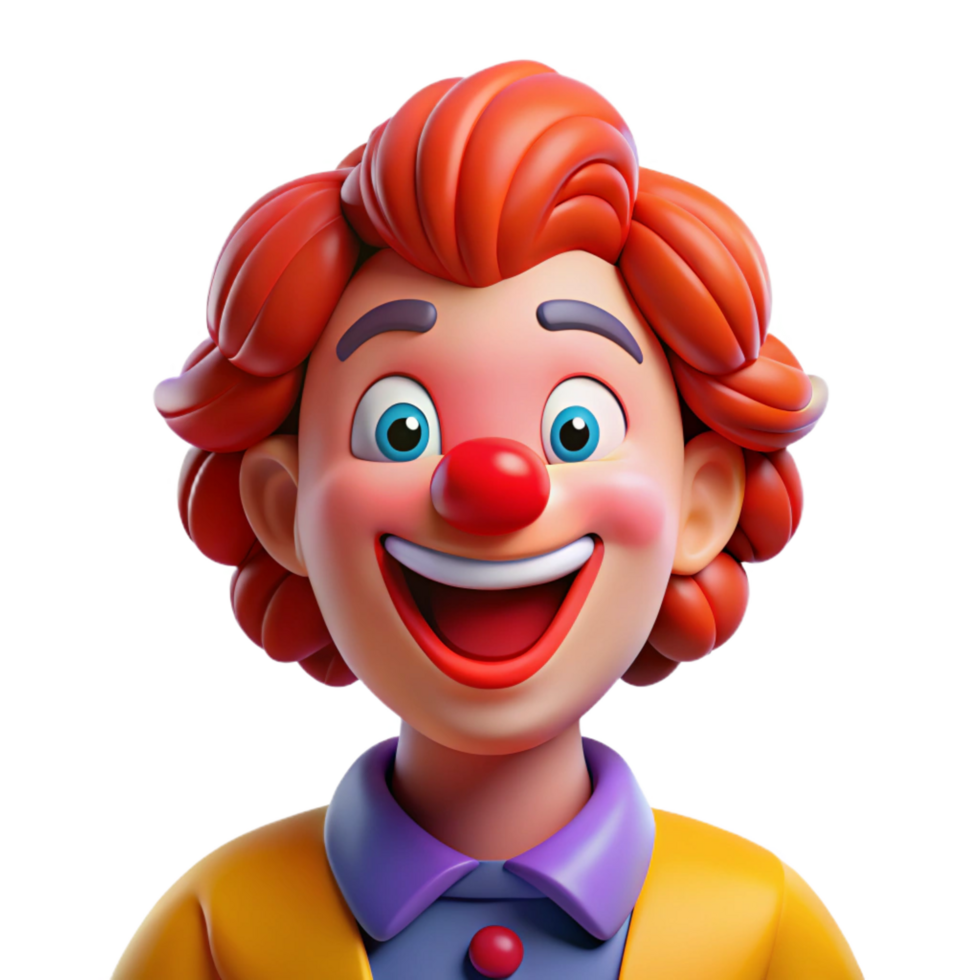 sumptuous distinctive Portrait of a cheerful clown with brightly colored makeup, a big red nose, and a wide smile, lit by bright circus lights, in a whimsical style png