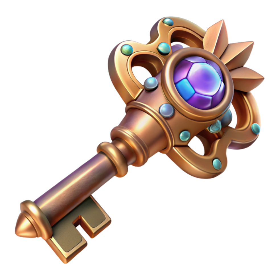 extraordinary elegant A detailed illustration of a steampunk key, with intricate carvings, glowing crystals, and a complex locking mechanism. Studio lighting with a highly polished finish premium png