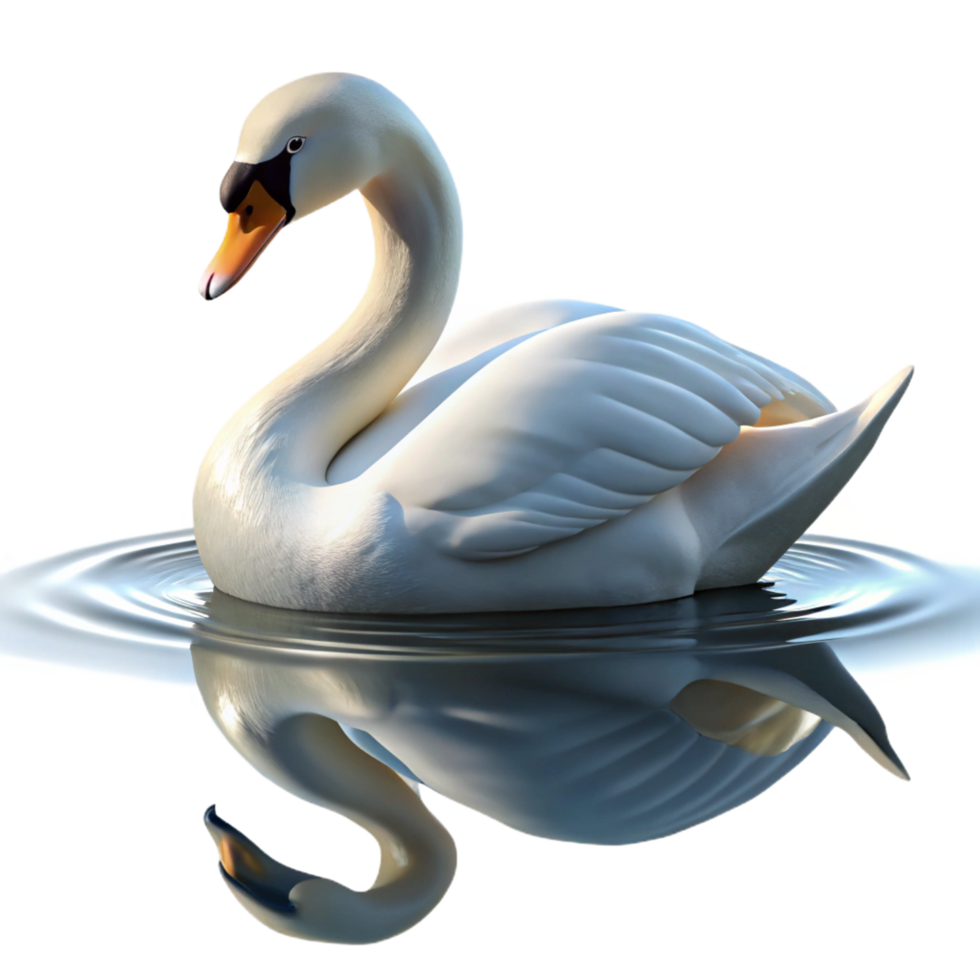 dramatic gorgeous A graceful swan gliding across a still lake, its reflection shimmering in the water, in a serene, elegant style professional png