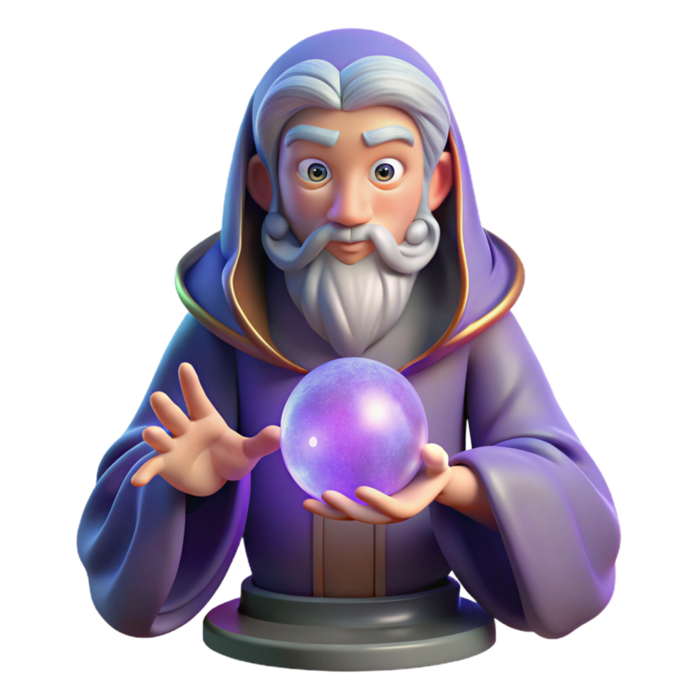 elegant modern A wise old oracle gazing into a crystal ball filled with swirling mist, illuminated by candlelight. Fantasy art style sharp png